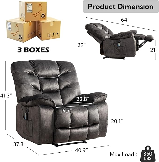 Oversized Power Recliner Chair with Massage and Heat, 41" Wide Electric Reclining Chairs with USB Port, Breathable Fabric Overstuffed Reclining Sofa for Living Room Bedroom