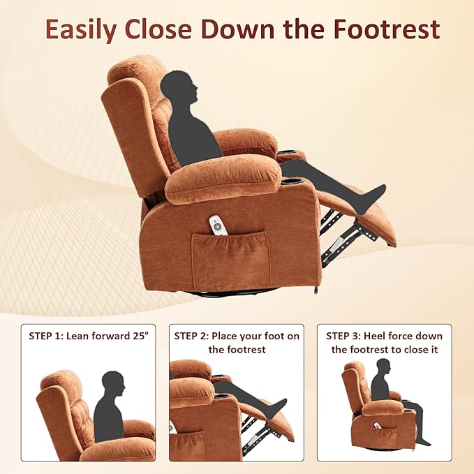 Overstuffed Rocker Recliner Chair with Massage and Heat, Mid Century Ergonomic Rocking Swivel Recliners Lounge Chair for Living Room, Manual Recliner Sofa Chairs with 2 Cup Holders, USB