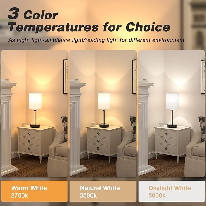 Small Bedside Lamp With 3 Color Modes - Off White 2700K 3500K 5000K Bedroom Light With USB C and A Ports, Pull Chain, AC Outlet, Black Metal Base for Kids Reading