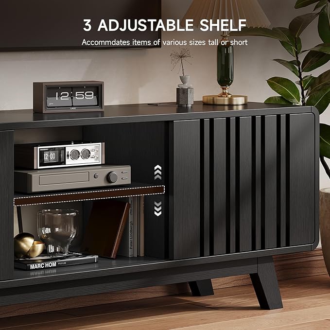 63-Inch TV Stand for TVs up to 75 Inch, Mid-Century Modern Television Stand with Power Outlet， Entertainment Center with Sliding Grille Door Cabinets and Open Shelves for Living Room, Black
