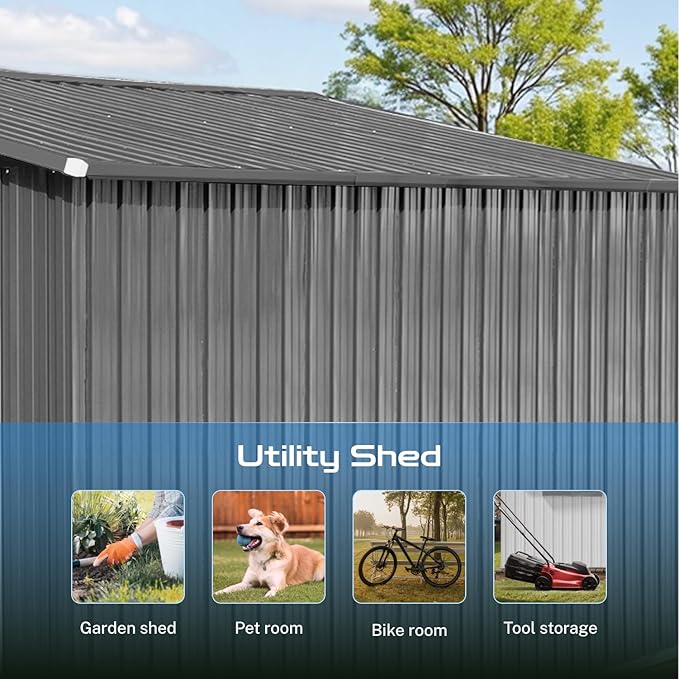 10 x 12 FT Outdoor Storage Shed with Floor, Metal Garden Tool Shed with Vents,Windows,Slooping Roof and Lockable Doors, All-Weather Bike Shed Easy to Assemble for Backyard, Patio, Lawn, Grey