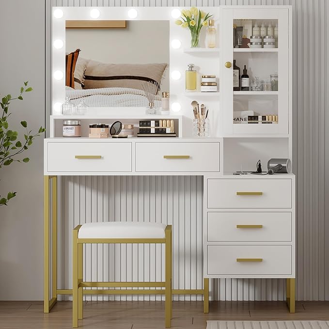 GarveeHome Large Makeup Vanity and Stool, Vanity Desk with Mirror and Lights, Makeup Table with Charging Station, Vanity Table with Drawers and LED Bulbs, White