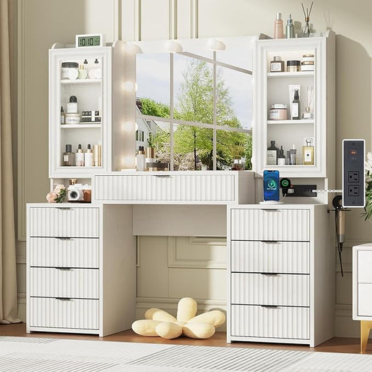 55" Fluted Makeup Vanity Desk with Large Mirror and Lights, Modern Glass Top Big Vanity Table with 9 Drawers & Open Storage Shelves, Dressing Table w/Charging Station for Bedroom, White