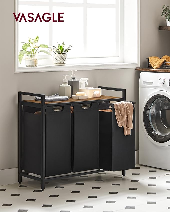 VASAGLE Cesto para Ropa Sucia, Cesta Colada, 3 Bolsas Colada de Tela Oxford Extraíble y Desmontable, 3 x 38 L, 92.5 x 33 x 72 cm, Estante, Marco Metálico, Negro MBLH301B01