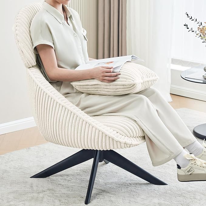 Furniliving Modern Accent Chair Upholstered Swivel Desk Chair for Living Room, Sofa Chair for Bedroom Armchair Side Chair with Headrest Bedroom Chair with Pillow Comfy Corduroy Chairs, Beige