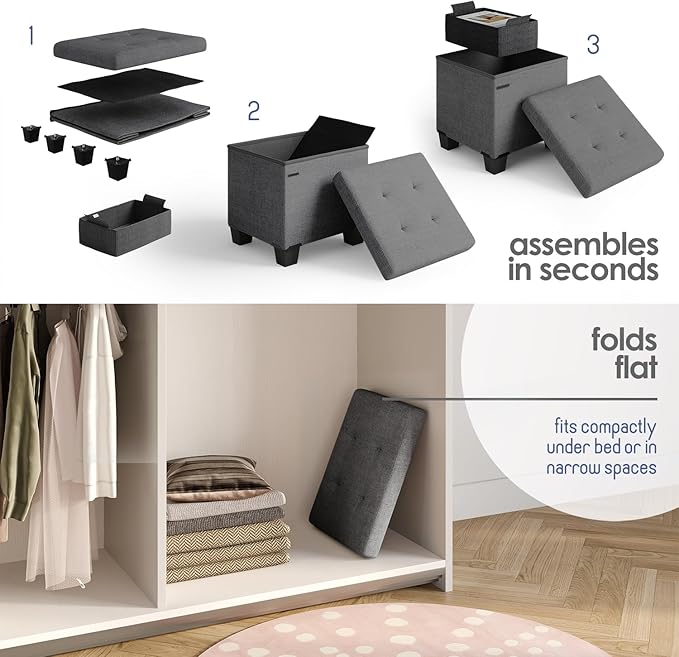 STORAGEBUD Storage Ottoman Cube with Small Bin, 16-in Square Ottoman with Storage for Living Room and Bedroom, Small Ottomans Foot Rest, Fabric Foot Stools Ottomans Max 330lbs, Grey