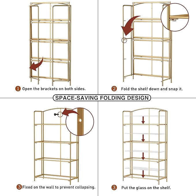 Crofy No Assembly Folding Bookshelf for Living Room, 4 Tier Gold Collapsible Book Shelf for Home Office, Portable Bookcase Storage Organizer