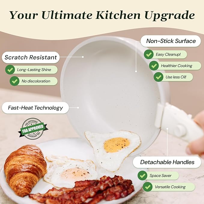 15-Piece White Granite Nonstick Cookware Set – Detachable Handles & Tempered Glass Lids – Stackable & Cool-Touch - Induction & Oven Safe to 480°F - Scratch-Resistant, PFOA & PFOS-Free