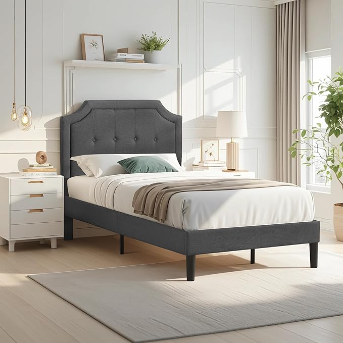 VECELO Twin Size Platform Bed Frame with Fabric Upholstered Headboard and Wooden Slats Support, No Box Spring Needed/Easy Assembly,Grey