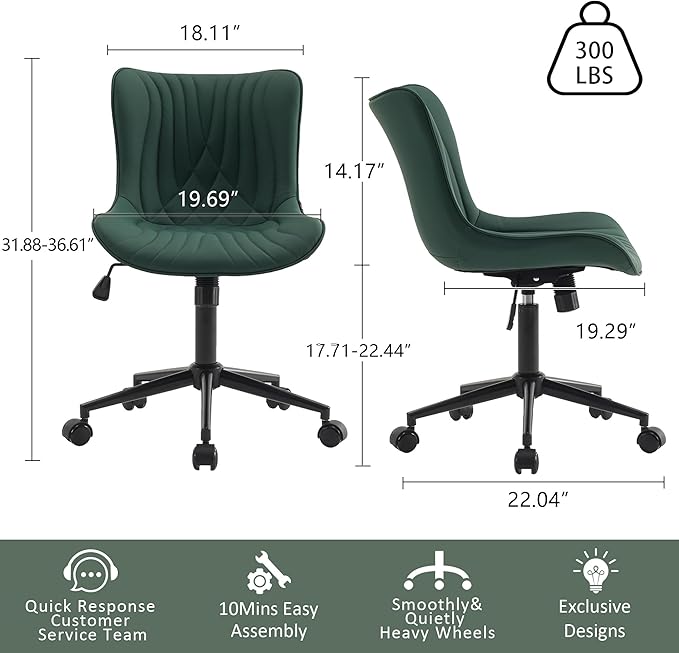 YOUTASTE Dark Green Office Chair, Modern Armless Desk Chair with Back, Adjustable Swivel Rolling Faux Leather Task Chair with Wheels Metal Base for Home Office, Study, or Vanity