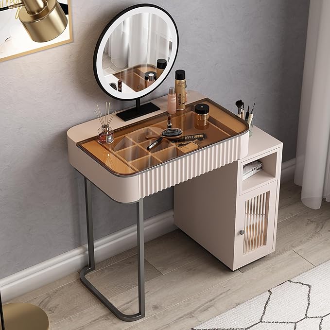 Lartis Makeup Vanity, Makeup Vanity with LED Makeup Mirror, Three Adjustable Light Levels, Tempered Teal Glass countertop