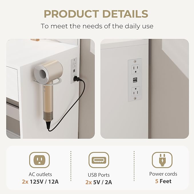 Vanity Desk with Mirror and Lights, 3 Adjustable Lighting Makeup Vanity Desk with 3 Storage Shelves, 5 Large Drawers and Power Outlet, White Vanity with Chair for Bedroom