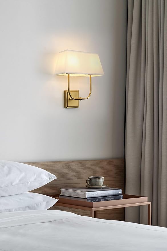 Vintage 2-Lights Wall Sconces with White Fabric Lampshade, Double Head Bathroom Vanity Lights Fixture in Antique Brass, Indoor Wall Lamps for Bedroom Living Room Hallway Stairway