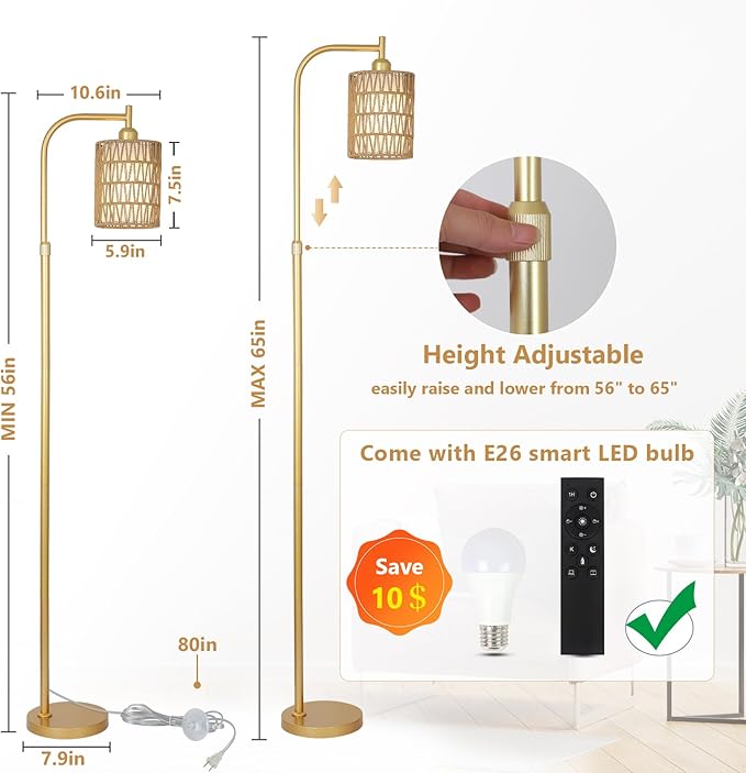 Modern Gold Floor Lamps for Living Room, Boho Rattan Floor Lamp with Remote & Dimmable LED Bulb, Farmhouse Standing Lamp with Rattan Shades, Minimalist Tall Pole Lamp for Bedroom Office