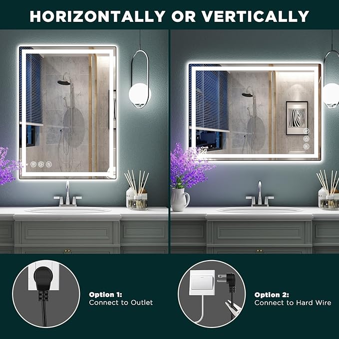 24"x 32" LED Bathroom Mirror with Stepless Dimmable Wall Mirrors with Anti-Fog, Dimmable CRI>90, Vanity Mirror with 3 Color Modes, Shatter-Proof, Memory Bathroom Mirror with LED Lights