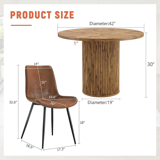 AZmac Round Dining Table Set for 6, Wooden Round Table 7-Piece with Modern Farmhouse Dining Table and 6 Suede Leather Chairs for Kitchen Dining Room, Wooden Table + 6 Saddle Brown Chairs