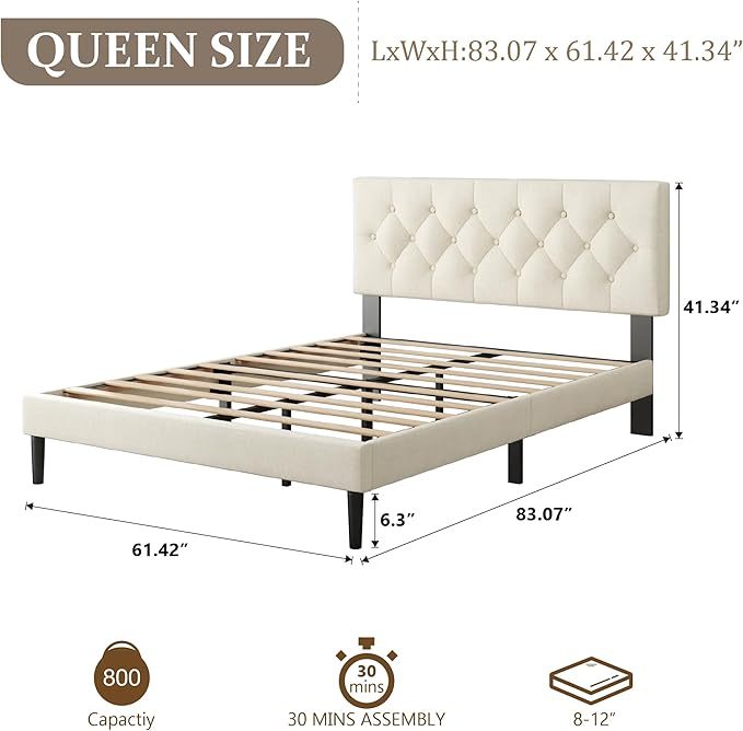 Queen Size Platform Bed Frame with Upholstered Headboard, Button Tufted Design, Strong Wooden Slats, No Box Spring Needed, Easy Assembly, Noise Free