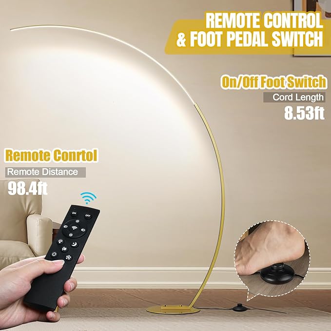 Dimmable LED Floor Lamp with 3 Color Temperatures, Ultra Bright 2000LM Gold Arc Floor Lamp, Modern Standing Tall Lamp with Remote Control Reading Floor for Bedroom Use Lamp for Office Classroom
