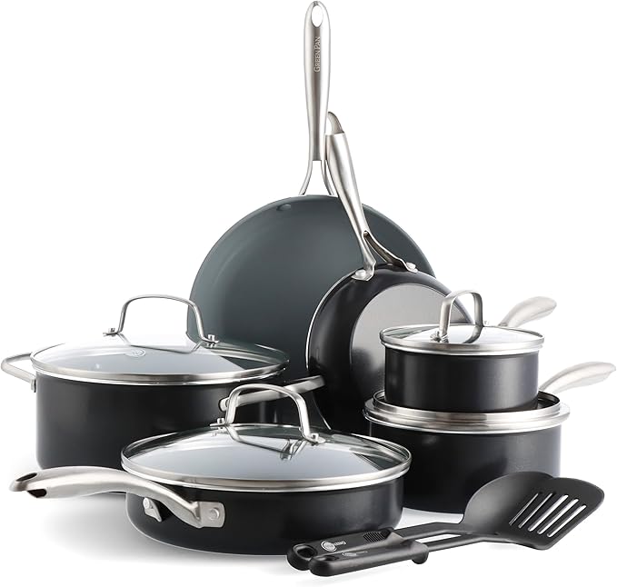 GreenPan 12 Piece Nonstick Swift Cookware Set, Ceramic PFAS-Free Pots & Pans with Lids, Dishwasher & Oven/Broiler Safe to 600F, Kitchen Cooking Set, Sauce, Saute, Stock, Frying Pans, Gray