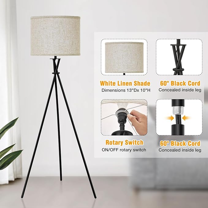 Tripod Floor Lamp Black, 61” Tall Floor Lamps, Standing Lamp with Rotary Switch, Modern Floor Lamp Simple Design with Beige Shade, Floor Lamps for Living Room, Bedroom, Office, Without Bulb
