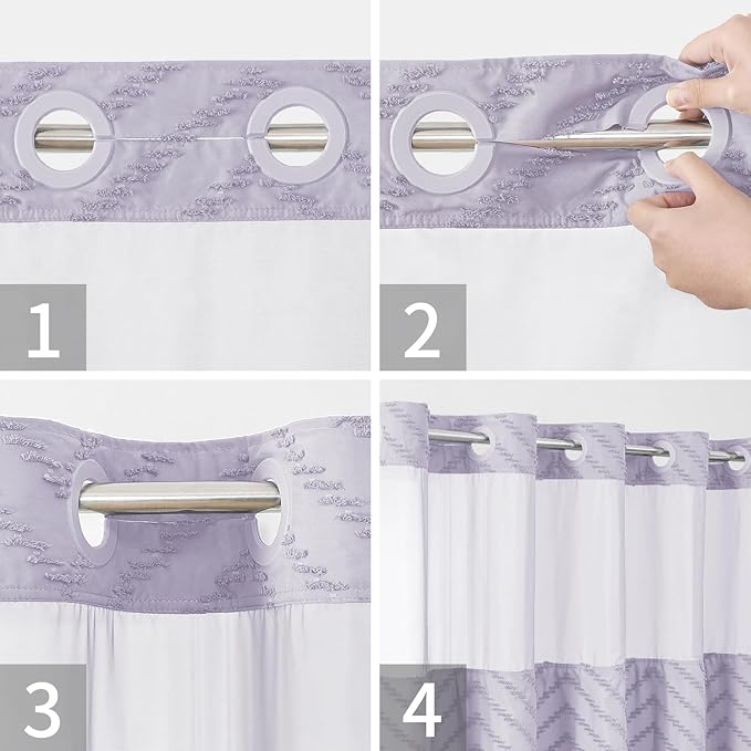 Extra Long No Hook Boho Farmhouse Shower Curtain with Snap-in Fabric Liner set-71Wx86H(84H),Tufted Chevron Striped Hotel Grade Cloth Shower Curtains for Bathroom,Water Repellent,Lavender