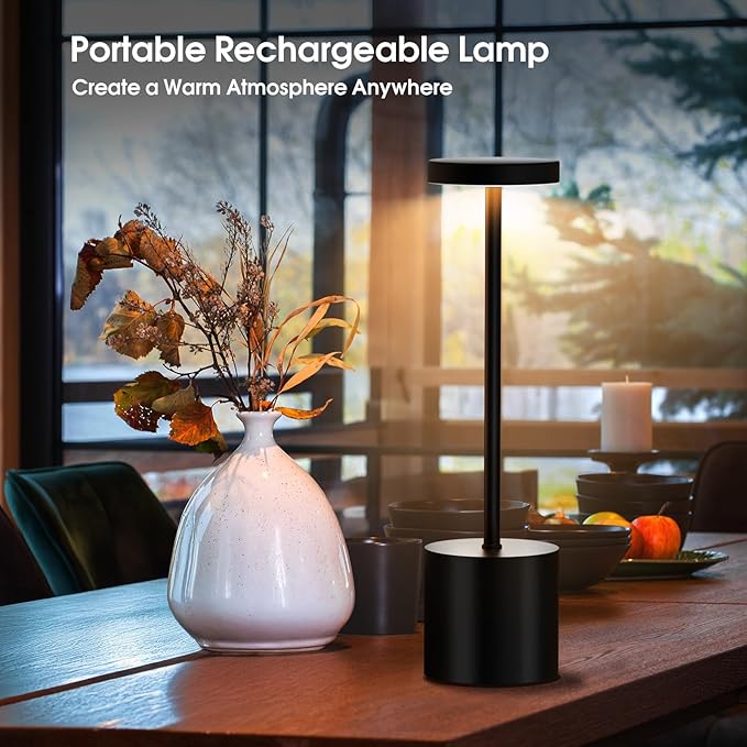 Rechargeable Table Lamp – 2 Pack Touch Lamps, Cordless Desk Lamp, 5000mAh Battery Operated Lamp with 3-Color Dimmable Light, Portable LED Lamp for Bedroom, Dining Room, Patio, Outdoor (Black)