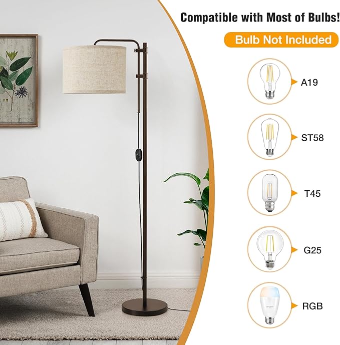 Floor Lamp for Living Room, Adjustable Height Standing Lamps with 350° Rotate Linen Lampshade, 67.5-Inch Brown Modern Tall Lamp Dimmable Floor Lamps for Corner Bedroom Home Office (Bulb Included)