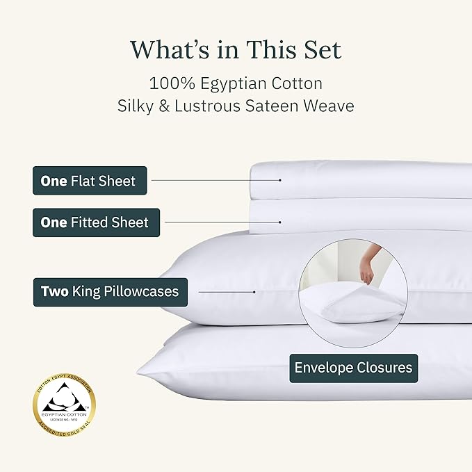 Certified Luxury 100% Egyptian Cotton Bed Sheets, California King Sheets Set, Bedding Sheets & Pillowcases Set with Deep Pocket, Sateen Cooling Sheets for Hot Sleepers, White Sheets Set
