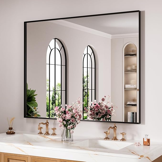 40x32 Inch Black Bthroom Mirror, Black Metal Frame Vanity Mirror for Wall, Square-Corner, Rectangle,Tempered Glass,Anti-Rust (Horizontal/Vertical), Bedroom, Living Room, Entryway