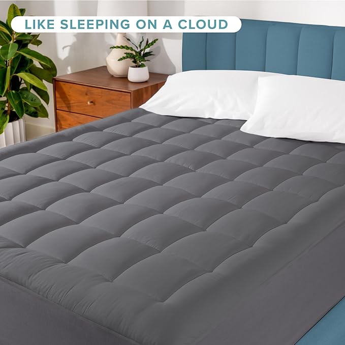 Bare Home Queen Mattress Topper Cotton Top - Plush Topper for Mattress - Fitted Mattress Cover - Cooling Breathable Air Flow - 8" to 21" Deep Pocket - Soft Mattress Pad (Queen, Grey)