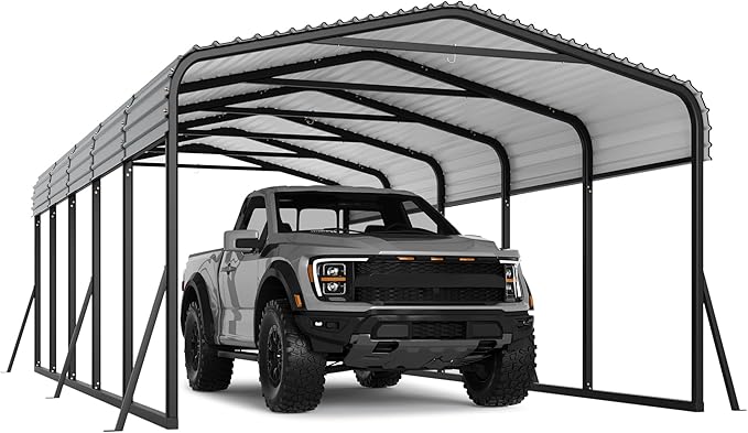 12x24FT Metal Carport Kits with Galvanized Steel Roof, Heavy Duty Metal Roof Carport with Enhanced Base, Tall MetalCarport Kits Garage for Tractors, Pickup, Boat, Car