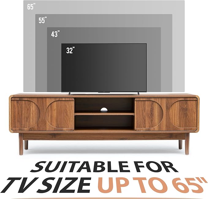 Mid-Century Wood TV Stand Cabinet for Television 55/60/65 Inch, 59" Long TV Console with Adjustable Storage Shelf and Arch Sliding Door, Media Center Cabinet for Living Room, Bedroom (Wanlnut)