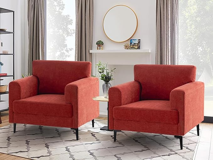 CDCASA Accent Chair, Chenille Fabric Oversized Mid Century Modern Chair Set of 2, Comfy Upholstered Armchair Reading Accent Chairs Sofa Chairs for Bedroom Living Room, Terracotta