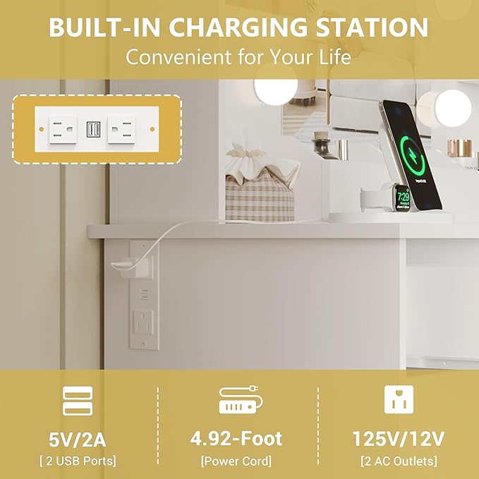 Vanity Makeup Desk with Mirror and Lights, Farmhouse Vanity Table Set with Storage Drawers, Charging Station & Chair, 43" Large Rustic Dressing Table, 3 Lighting Modes for Women Girls Bedroom, White