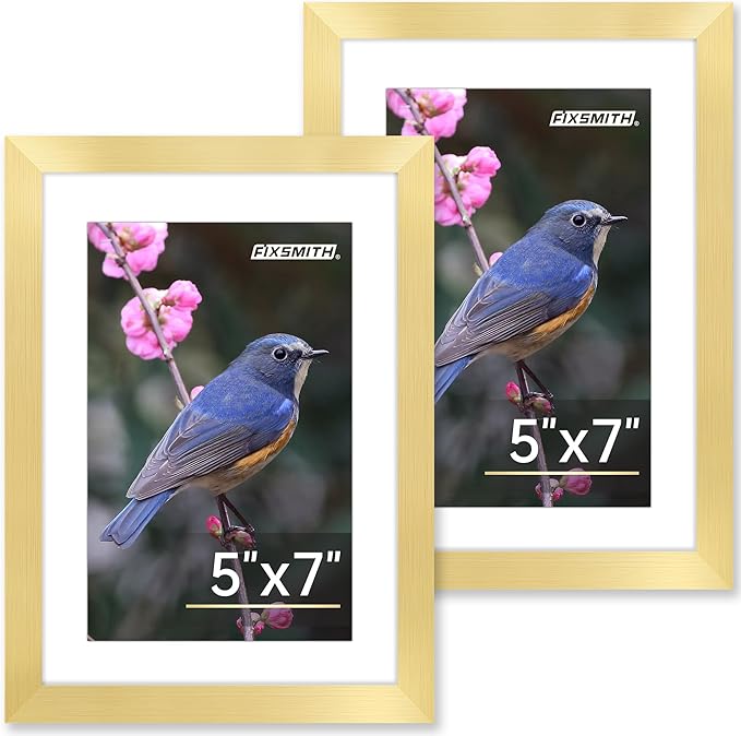 FIXSMITH 5x7 Picture Frame Set of 2, Gold Picture Frames Collage for Tabletop or Wall Display, Photo Frame with HD Plexiglass, Display Pictures 4x6 with Mat or 5x7 Without Mat