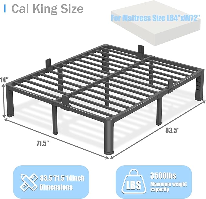 18 inch California King Bed Frame with Round Corner Legs and Headboard Hole Mattress Slide Stopper 3500 lbs Heavy Duty Metal Platform,Steel Slat Support,No Box Spring Needed,Easy Assembly,Noise Free