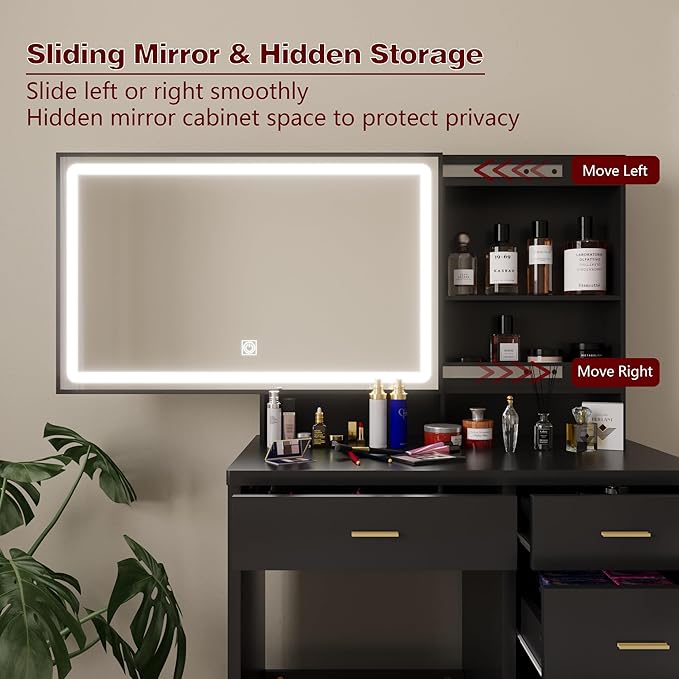 Makeup Vanity Desk with Mirror and Lights, Vanity Desk with 5 Drawers & Storage Shelves, Makeup Vanity Set with Cushioned Stool, 3 Modes Adjustable Sliding LED Mirror for Bedroom, Black