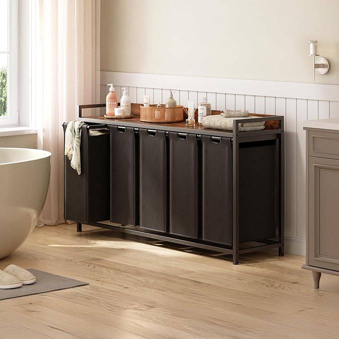 Laundry Hamper with Shelf, Laundry Basket 5 Section, Laundry Sorter with Pull-Out Removable Large Bags and Movable Wheels, Metal Frame, 5 x 15.87 Gallons (60L), Rustic Brown + Blck PF08XLY