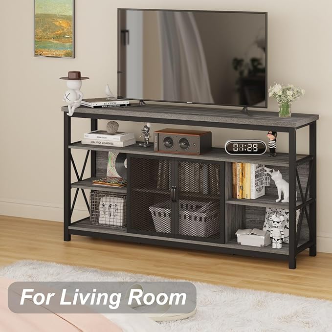 BON AUGURE Tall TV Stand for TVs up to 65 Inch, Industrial Entertainment Center with Storage Cabinet, Rustic Wood Media Console Table for Living Room and Bedroom (32 Inch High, Grey Oak)