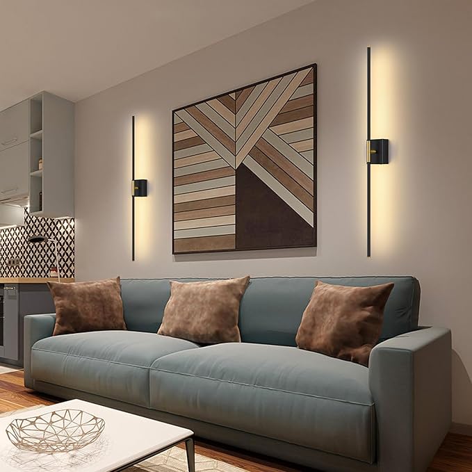 Battery Operated Wall Sconce Set of Two with Remote Control, 3000K-6000K Dimmable Black Gold Wall Lights, Timable LED Wireless Wall Sconces, 350° Ratate for Bathroom, Living Room, 39.4 Inch