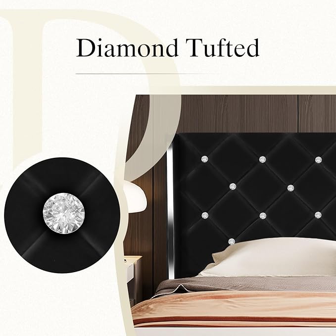 HOMBCK Queen Bed Frame with Headboard, Velvet Upholstered Bed with Wingback and Diamond Tufted Design, Wood Slat Support, No Box Spring Needed, Black