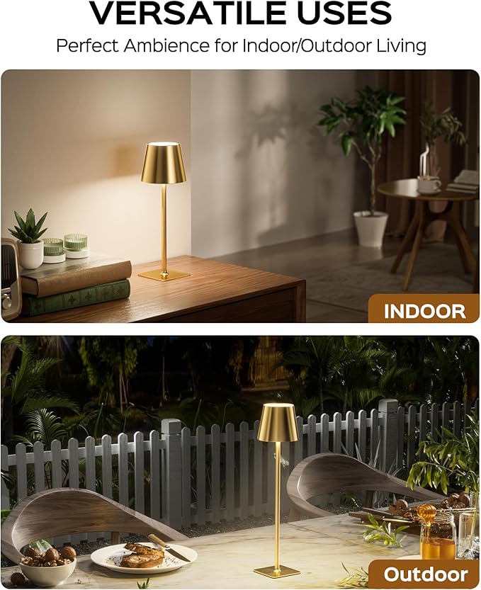 JACKYLED Cordless Lamp DIY Height, 3 Color Stepless Dimming, 5000mAh Battery Operated Lamp Portable Rechargeable for Bedroom Dinning Kitchen, Gold, 2 Pack