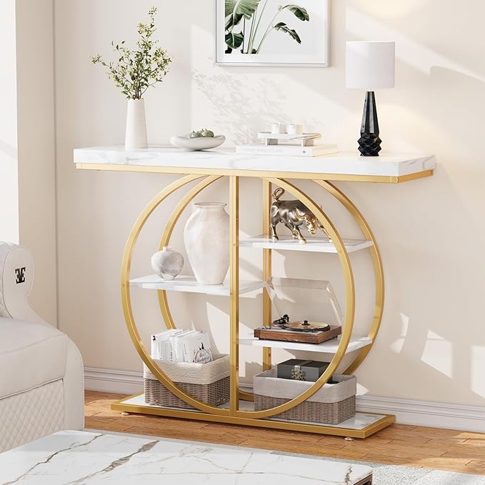 41.3" Console Table for Entryway, Industrial Hallway Sofa Table with Storage Shelves, Narrow Accent Decor Living Room Furniture with Circle Base for Foyer, Entrance, White Gold