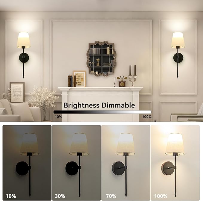 Wall Lights Battery Operated Wall Sconces Set of 2, Rechargeable Wall Sconce with Dimmable Bulbs and Remote, Black Wireless Wall Lamps Battery Powered with Fabric Shade