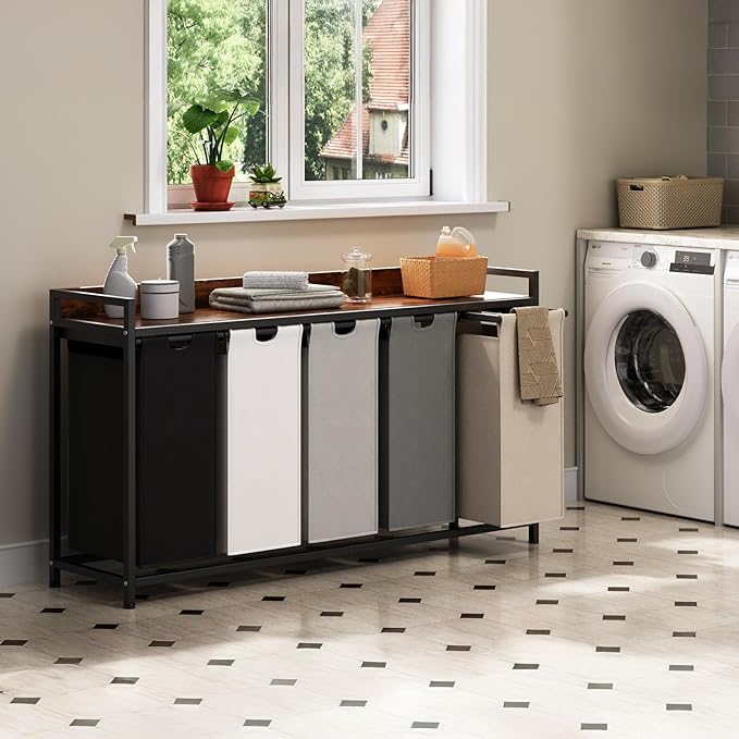 Laundry Hamper with Shelf, Laundry Basket 5 Section, Laundry Sorter with Pull-Out Removable Large 5 Color Bags and Movable Wheels, Metal Frame, 5 x 15.87 Gallons (60L), Rustic Brown PF08XLN