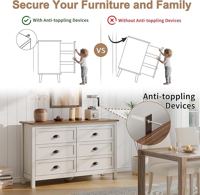 6 Drawer Dresser, Farmhouse Dresser for Bedroom, Antique White Chest of Drawers, Modern Double Dressers for Bedroom, Closet