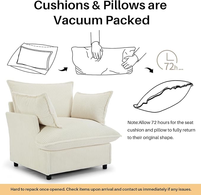 35.4" Wide Oversized Corduroy Single Sofa Chair with 2 Pillows, Modern Upholstered Accent Chair Armchair for Livingroom Bedroom Apartment, Beige