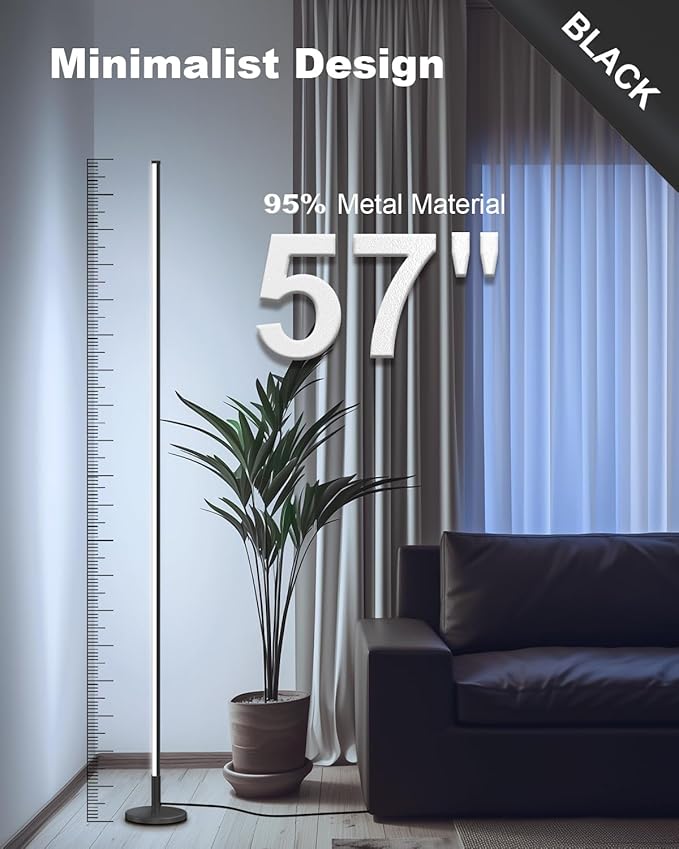 TACAHE Minimalist Corner Floor Lamp - 2700K-6500K Dimmable LED Night Light - Modern Standing Mood Lamp with Remote Control for Living Room, Bedroom - 57" 12W - Black - 1Pack