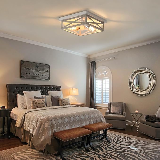 White Farmhouse Ceiling Light Fixtures, Industrial Kitchen Ceiling Fixture for Bedroom, 2-Light Rustic Metal Finish Farmhouse Flush Mount Ceiling Light,Square Cage Hallway Light