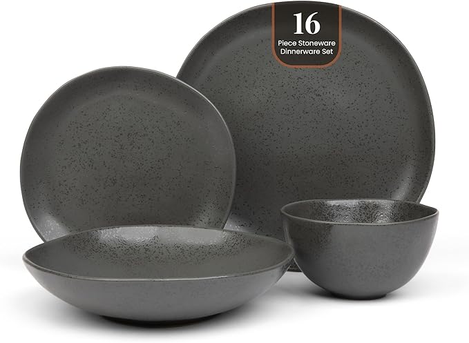 Trasa Home Eco-Friendly High Fired Artisan Stoneware Dinnerware 16 piece set, 4 place settings (Charcoal)